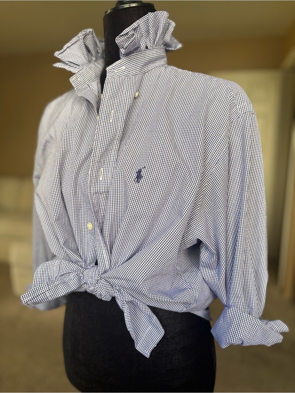 Reworked Ralph Lauren Blue Micro-Check Button-Down Shirt size L/XL